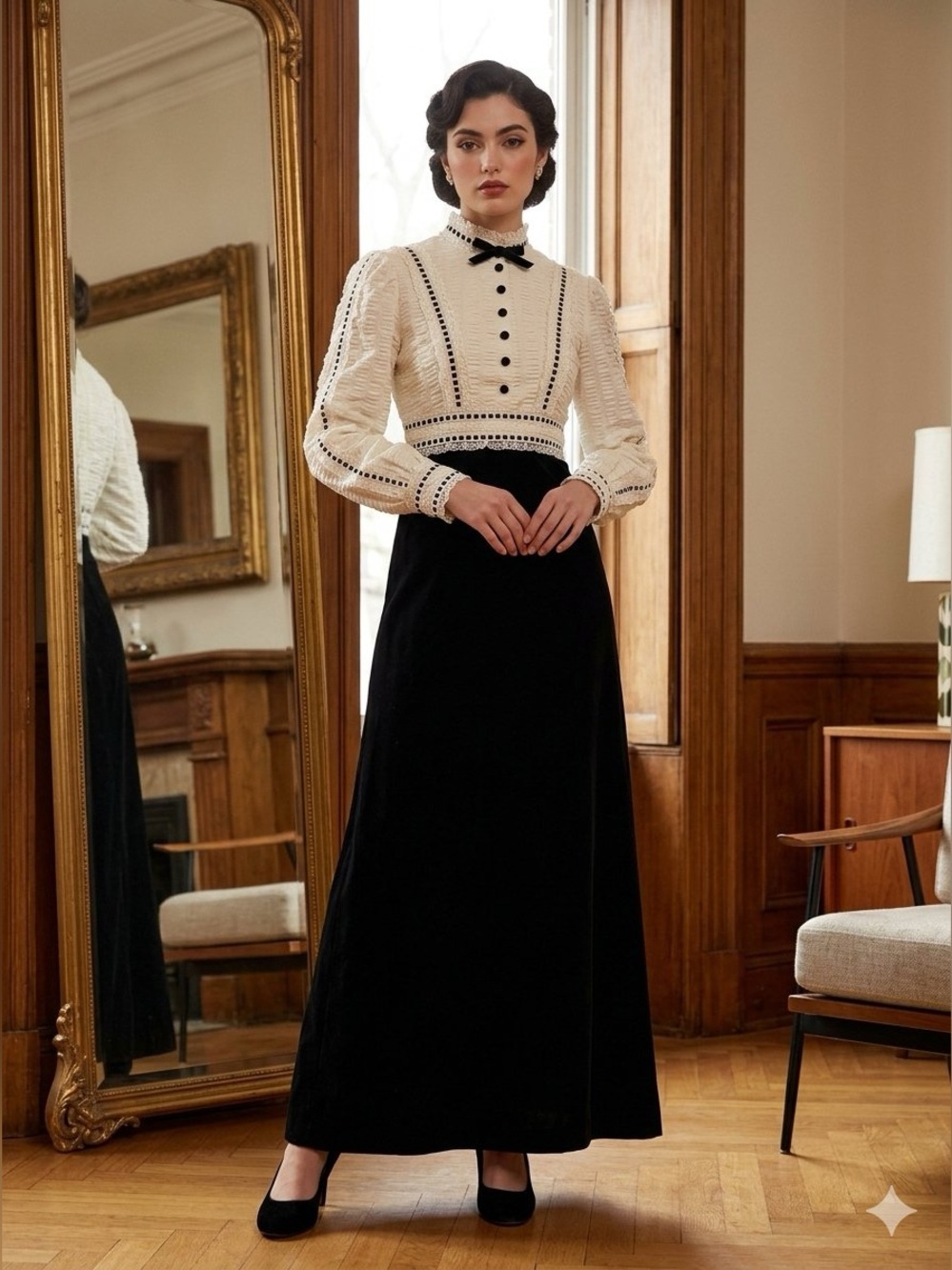 Lord & Taylor Black and White Long Sleeve Evening Gown